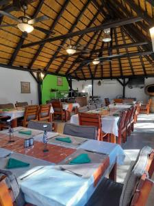 奥卡汉贾Ombo Rest Camp的一间带桌椅和绿色墙壁的用餐室