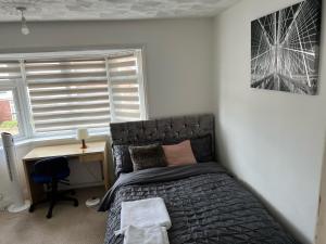 南安普敦Alder en-suite self catering with private shower 3的一间卧室配有一张床、一张书桌和一个窗户。
