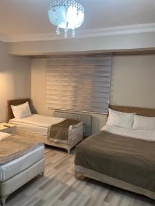 卡尔斯KONAK HOTEL 2的酒店客房设有两张床和吊灯。