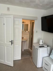 南安普敦Alder en-suite self catering with private shower 3的客房设有带水槽的浴室和电视。
