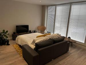 伦敦Lovely 1-bedroom apartment in London N1的一间卧室配有一张床、一张沙发和一台电视