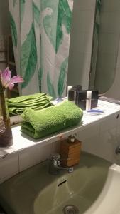 马德里Casita的浴室水槽设有镜子和绿毛巾