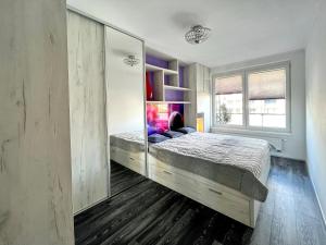 布拉格British Quarter Apartments的一间卧室设有一张大床和一个大镜子