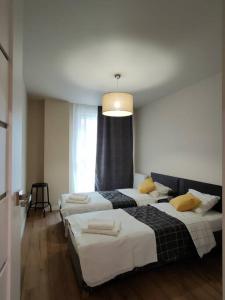 卡托维兹Piękny apartament 3-pokojowy的客房设有两张床和吊灯。