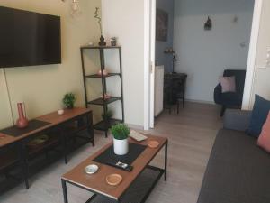 雅典Athens view apartment near Metro station Agia Marina的客厅配有沙发和桌子