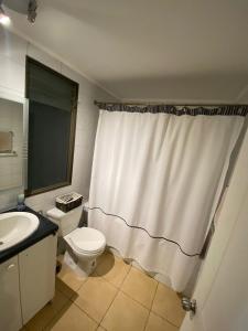 圣地亚哥CASA AGRADABLE的浴室配有白色的浴帘和卫生间