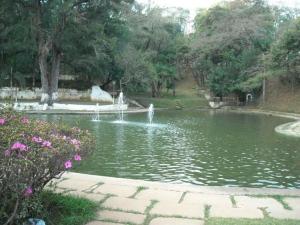 阿蒂巴亚Pousada Boa Noite的公园里一个带喷泉的池塘
