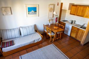 科武港Hotel Apartamento Porto Covo的带沙发和桌子的客厅以及厨房。
