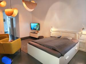 布达佩斯Stylish holiday Art apartment - wifi & great location的一间卧室配有一张大床和电视