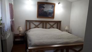 德辛Chata Chlumík的卧室配有一张床,墙上挂有绘画作品