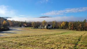 ChesterFranklyn Farm Inn的一片开阔的田野,后方是一座农场