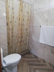 莫纳斯提尔Residence Debbabi的带淋浴帘和卫生间的浴室