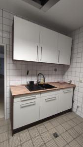 拉姆斯泰因-米森巴赫3 Bett Zimmer的厨房配有白色橱柜和水槽