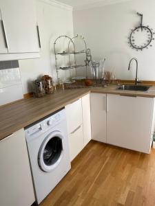 哈尔斯塔哈马Röda huset的厨房配有洗衣机和水槽