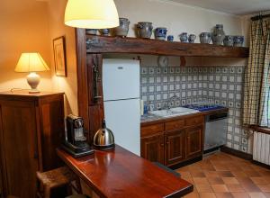 Belle maison de campagne au cœur de la nature - Maneva Appart的厨房配有冰箱和带台灯的桌子
