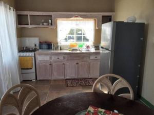 CanouanCozy 2 bedroom beachfront cabin的厨房配有冰箱和桌椅