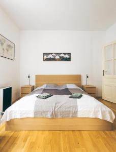 布尔诺Oltec Apartment Brno的一间卧室配有一张大床和木制床头板