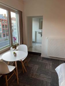 布鲁日Prachtige kamer in centrum Brugge met badkamer !的客房设有桌椅和窗户。