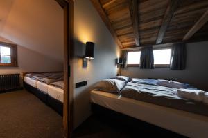 巴尔德赫旺Köpfle Alpe的一间卧室配有两张床和镜子