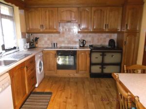 KilcrohaneRose Cottage的厨房配有木制橱柜和炉灶烤箱。