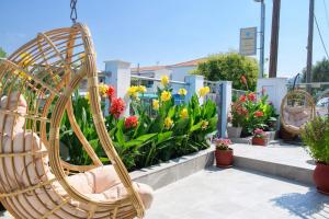 萨索斯Ninemia Studios的鲜花盛开的花园前的篮子椅