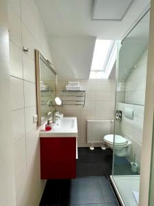 ParkstettenReibersdorfer Hof的一间带红色盥洗盆和卫生间的浴室