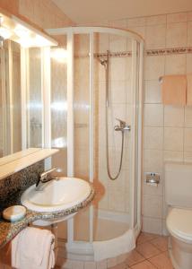 洛伊克巴德Alfa Appartements Superior的带淋浴、盥洗盆和卫生间的浴室