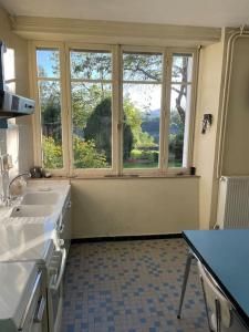 Location maison à Chadron : Haute Loire的厨房配有水槽、两个窗户和一张桌子