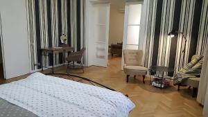 蒂米什瓦拉Belle Vue Ultracentral Apartments的卧室配有一张床和一张桌子及椅子