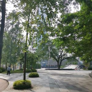 吉隆坡Hotel Aman Kuala Lumpur的树木繁茂的公园,人沿着街道走