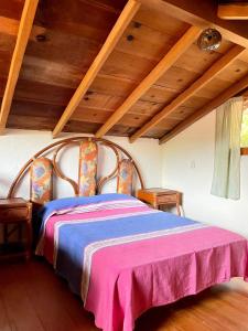 特隆戈内斯Casita Monarca的一间卧室配有一张带粉红色和蓝色毯子的床