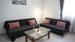 MoíraiNikolas Family Apartments的客厅配有2张黑色沙发和咖啡桌