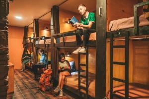 拉巴斯拉巴斯野生动物旅馆的一群人坐在一个房间里双层床上