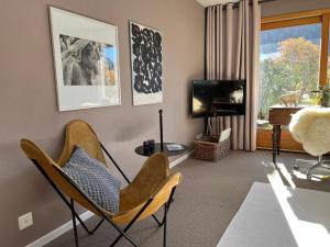 勒沙布勒Villa Fleurettes STUDIO的客厅配有两把椅子和电视