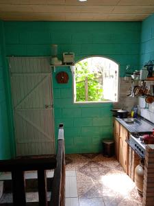拉夫拉斯诺瓦斯Pousada Fonte Viva的厨房设有绿色的墙壁和窗户。