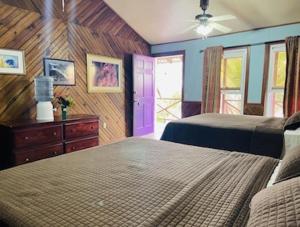 Oak Ridge礁石度假村的一间卧室设有两张床和紫色的门。