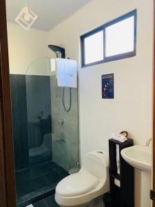 San MateoHotel Sirius Costa Rica的带淋浴、卫生间和盥洗盆的浴室