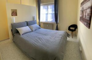 赖沙Hernegg Apartment的一间卧室配有一张带蓝色棉被的床和窗户。