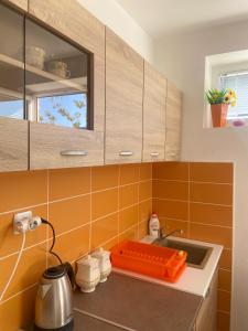 LedineSurčin Apartment的厨房配有橙色瓷砖和水槽