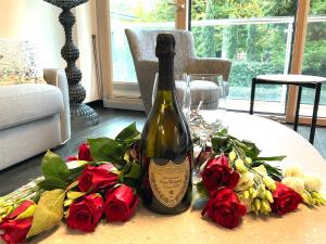 的里雅斯特Grand Apartment Sissi的一瓶葡萄酒坐在玫瑰花桌旁