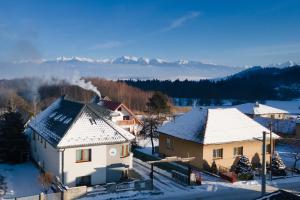 帕维西纳勒霍塔Penzión Pavčina Lehota的一组雪地建筑,背景是群山