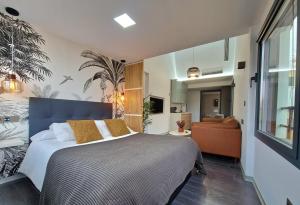 普拉森西亚Plasencia Plaza Mayor Luxury的一间卧室配有一张大床和一张沙发