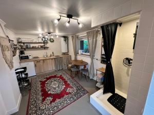 萨拉茨格里瓦Randu klēts的带淋浴的浴室和带地毯的厨房