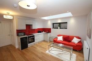 伦敦Lovely One Bed Apartment-Near All Transport-Village-FreeParking的一间带红色沙发的客厅和一间厨房