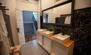 布拉干萨Inn Door 21 - Hostel & Suite的一间带两个盥洗盆和大镜子的浴室