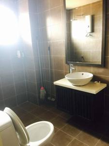 万津Gold Coast Morib Seaview 2 rooms Aircond Apartment的一间带卫生间、水槽和镜子的浴室
