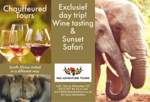 蒙塔古Mountain View Eco Lodge Montagu的品酒和日落野生动物园的广告,包括大象和酒杯