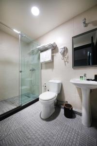 库塔伊西Hotel InnDigo in Kutaisi的带淋浴、卫生间和盥洗盆的浴室