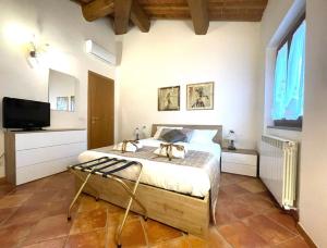 圣焦万尼瓦尔达尔诺A duecento passi- comfort nel cuore della Toscana的一间卧室配有一张大床和电视
