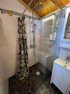 OckelboStugaNäraKungsberget - mysig stuga med kamin, grillkåta och vedbastu的带淋浴和盥洗盆的浴室